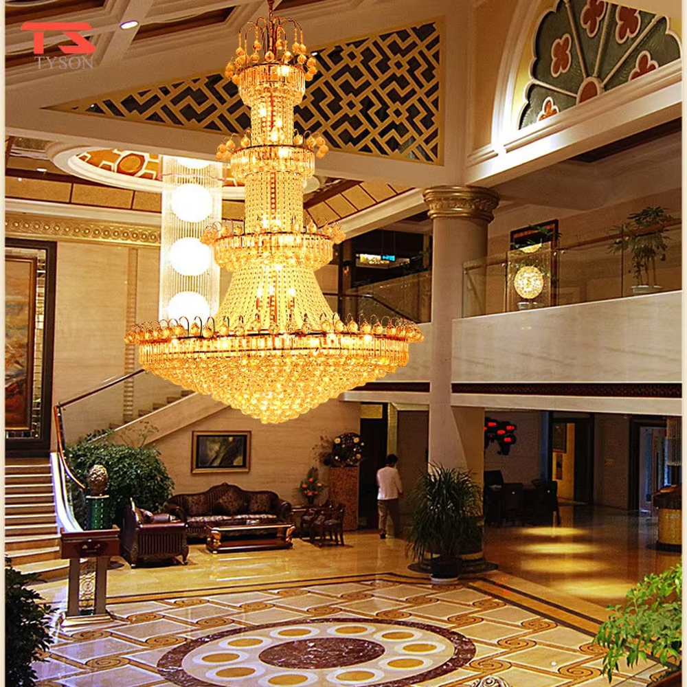 European-style top-luxury full golden frame multi-layer tower-shaped crystal (with spherical decorations) high-ceiling chandelier, warm light effect, creating an extremely gorgeous top-luxury space atmosphere.