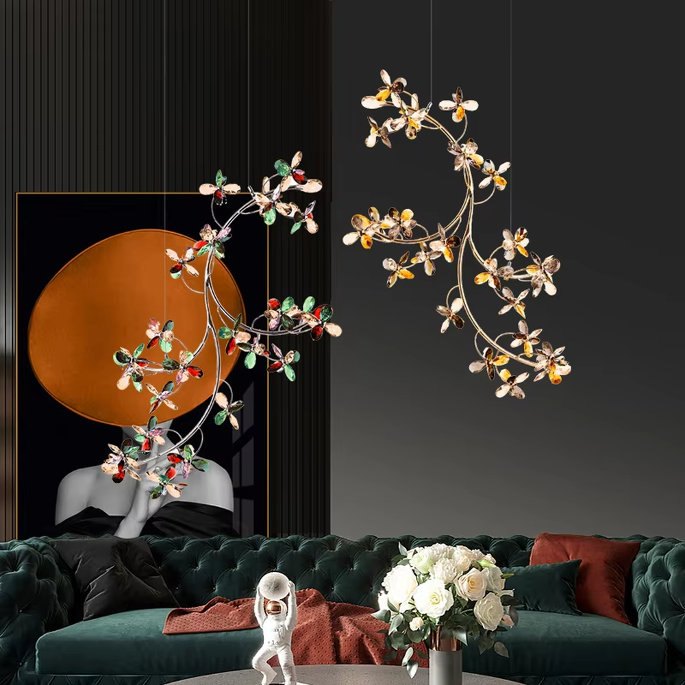 Art butterfly-shaped dark green crystal ceiling chandelier, warm light effect, creating a brilliant and dynamic romantic space atmosphere.