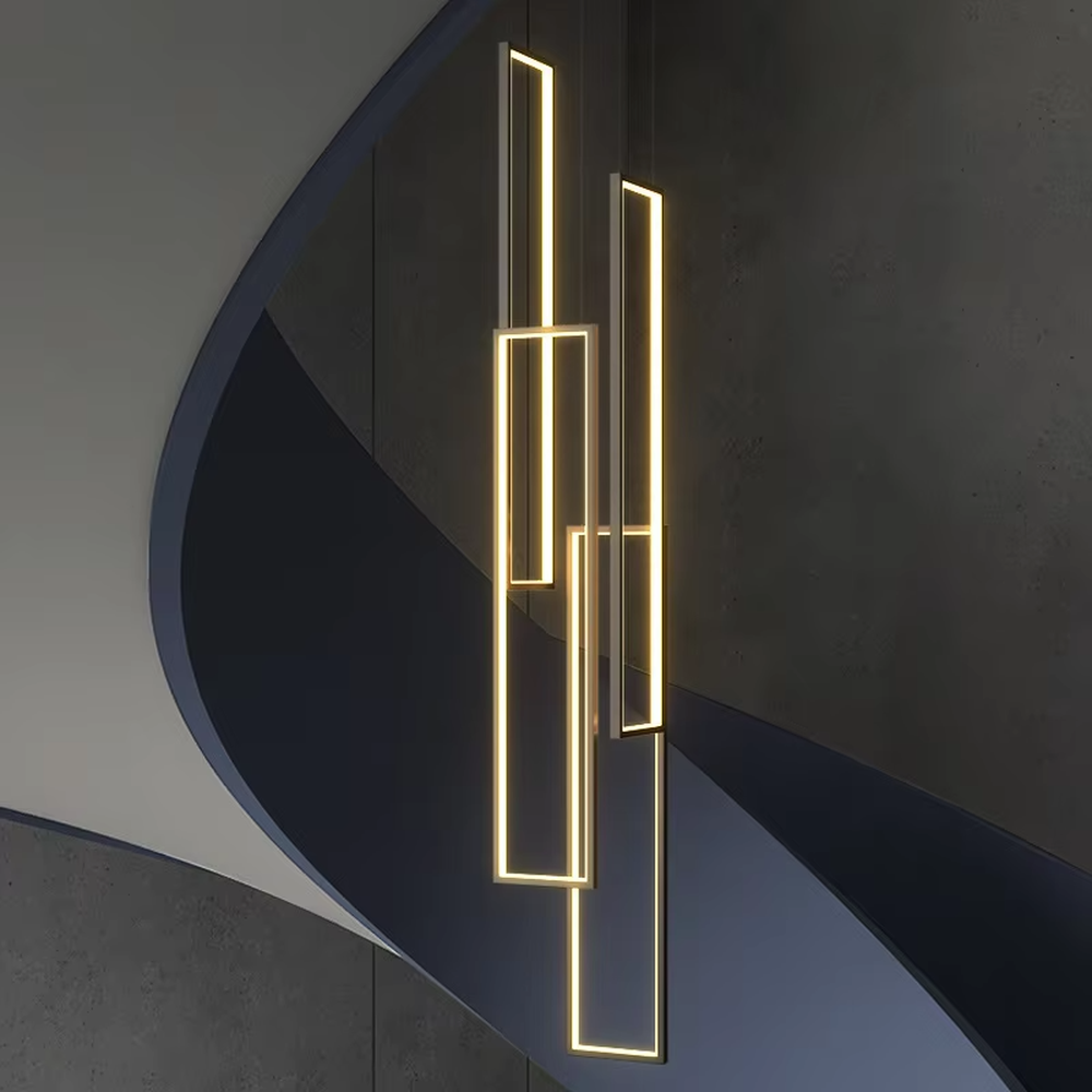 Modern geometric line LED chandelier (metal frame + warm light), warm light effect, creating a minimalist high-end futuristic space atmosphere.