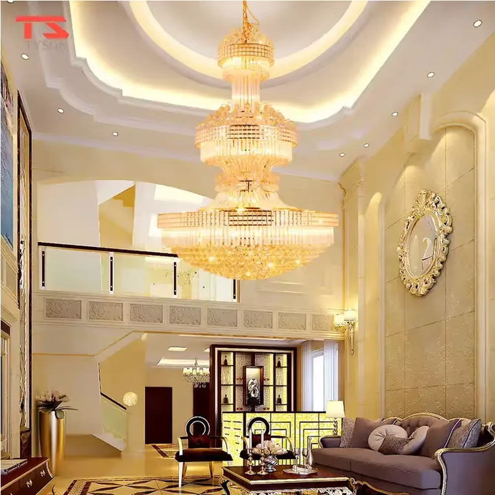 European-style top-luxury full golden frame multi-layer crystal tower chandelier (long strip + granular crystals), warm light effect, creating an extremely gorgeous top-luxury atmosphere.