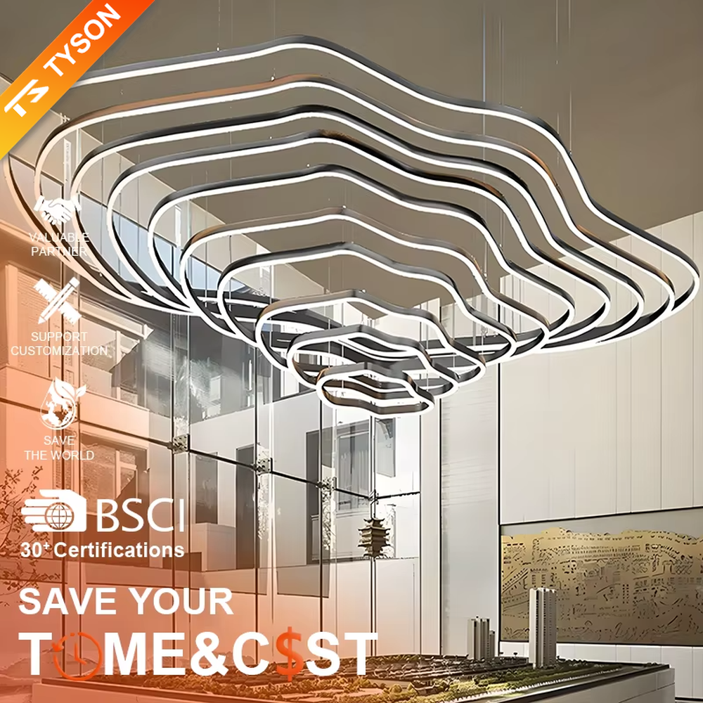 This new Chinese style light luxury large chandelier features multi-layer wavy LED light strips made of gold metal, in a stacked suspended cloud/mountain shape. It serves both lighting and decorative purposes, ideal for high-end spaces such as sales offices, hotel lobbies, and villa high-ceiling living rooms.