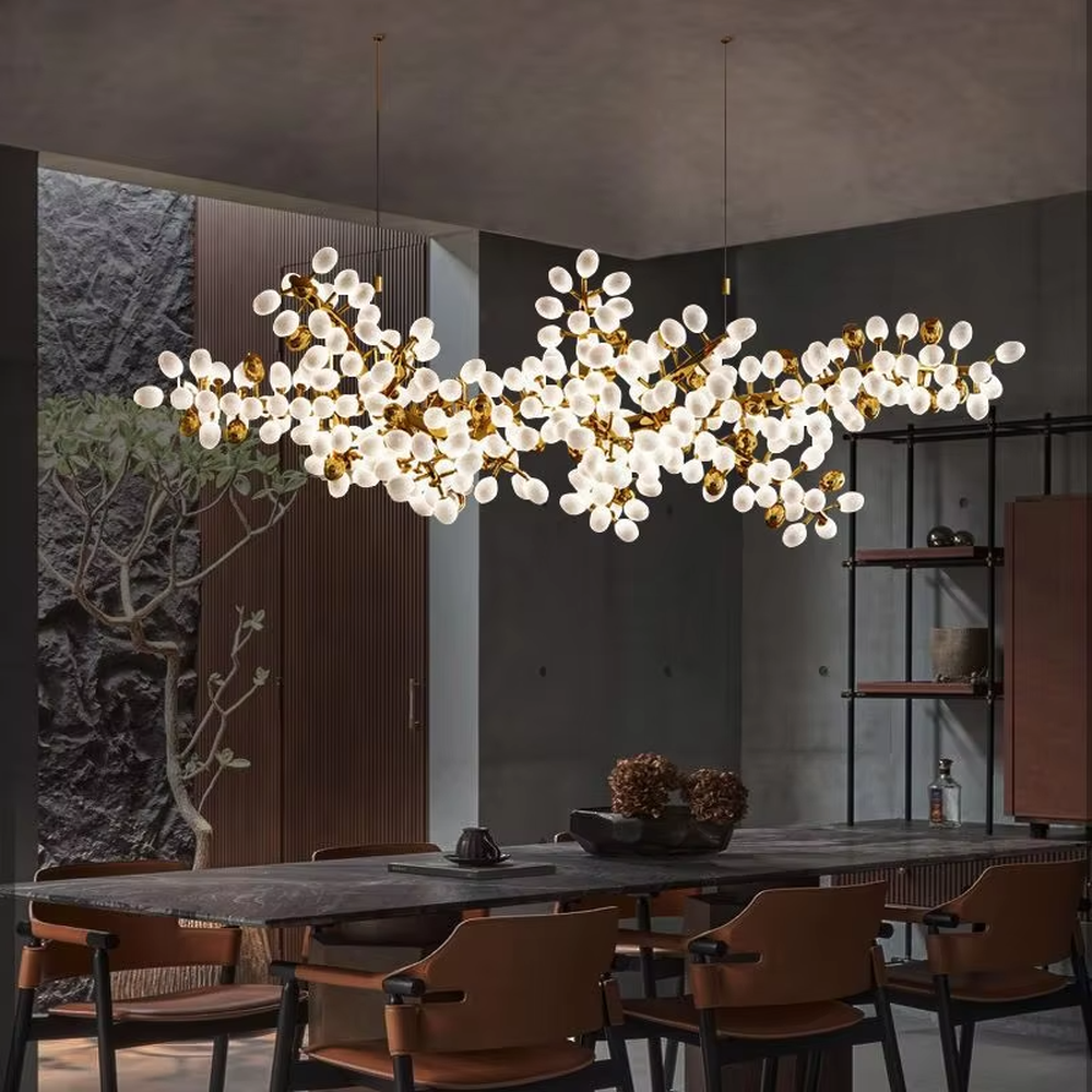 Art nebula glass ball chandelier (gold branch frame + milk-white glass balls), warm light effect, creating a dreamy and high-end space atmosphere.