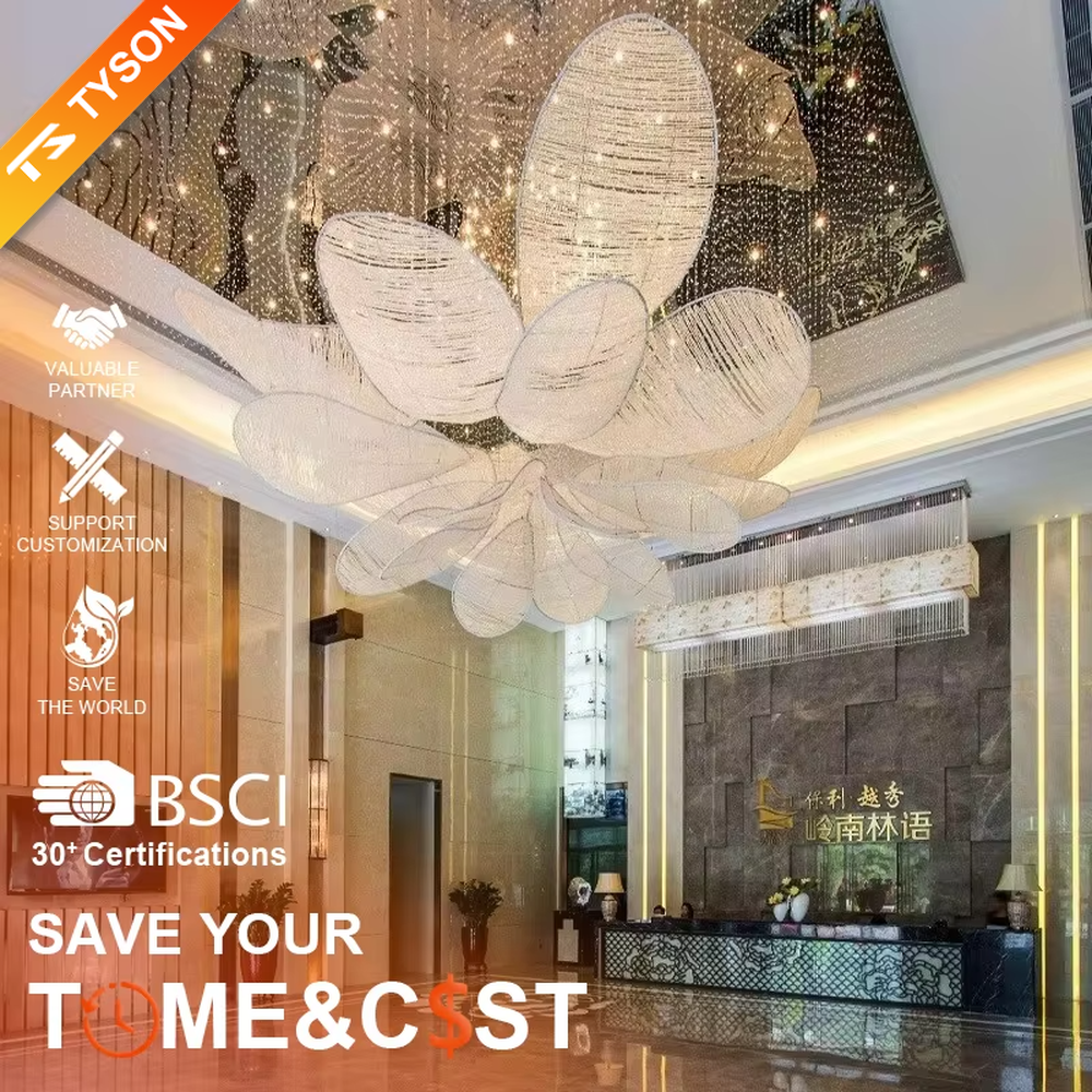 This large-scale art chandelier features a blooming flower shape, with petal structures made of translucent crystal/acrylic material, paired with gradient blue-purple lighting and starry sky accents. It serves both lighting and artistic decorative purposes, ideal for high-ceiling commercial spaces such as hotel lobbies, sales offices, and high-end clubs.