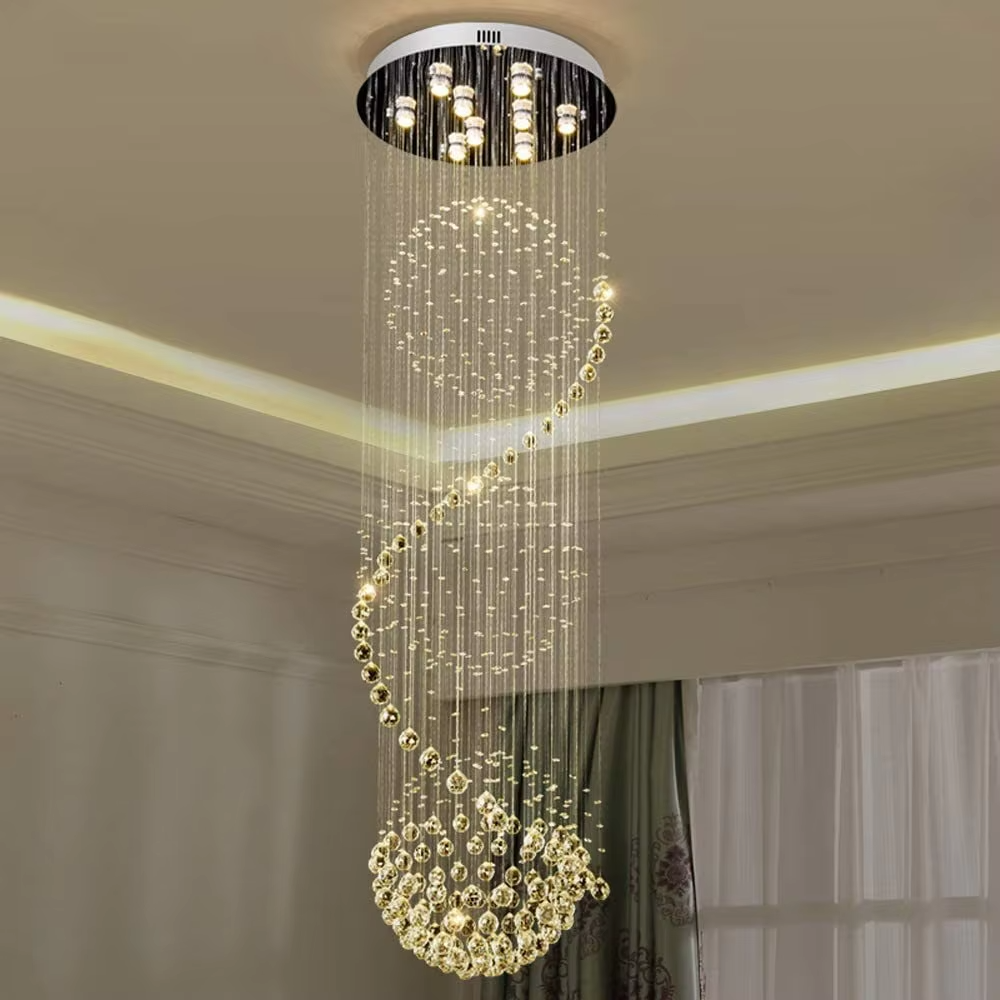 Modern art spiral spherical crystal high-ceiling chandelier, warm light effect, creating a luxurious and dynamic space atmosphere.