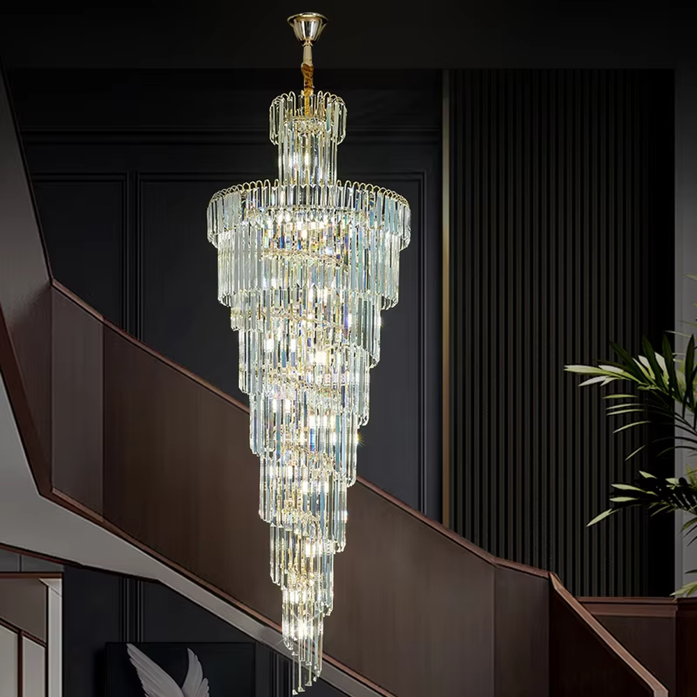 European palace-style multi-layer golden frame long crystal high-ceiling chandelier, warm light effect, creating a luxurious noble space atmosphere.