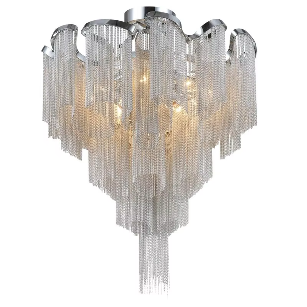 Luxury multi-layer tassel crystal chandelier (gradient crystal tassels + metal frame), warm light effect, creating a magnificent and luxurious high-ceiling space atmosphere.