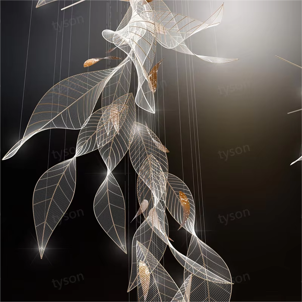 Inspired by "natural leaf veins", this chandelier features layered leaf structures made of translucent acrylic/crystal material, with delicate textures like real veins. The pendant layout mimics the natural drooping form of leaves, and light refracts soft and warm light and shadow through the material. It is both a space lighting tool and a visually striking art installation, infusing high-end venues with a natural and elegant artistic style.