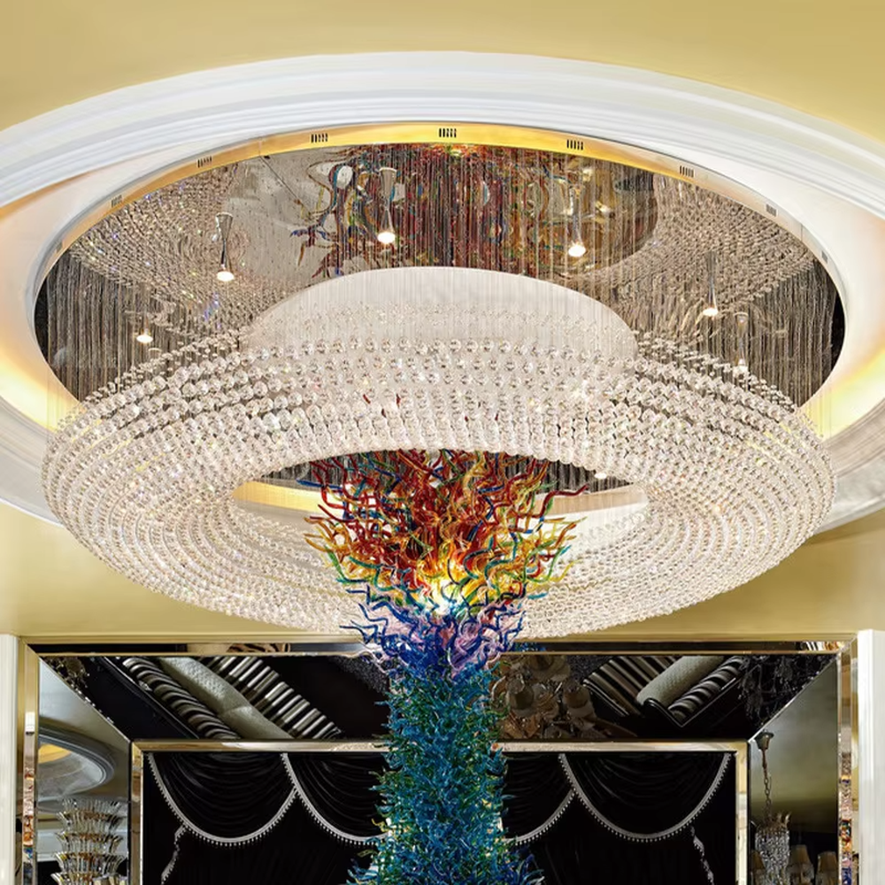 Luxury double-layer crystal ceiling chandelier (full-crystal ring + dot matrix light source), warm light effect, creating an extremely luxurious high-end space atmosphere.