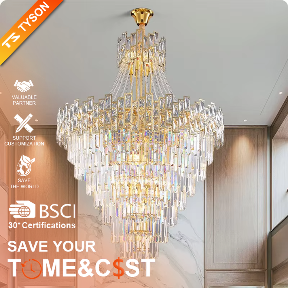 Top-tier luxurious golden frame multi-layer long crystal high-ceiling chandelier, brilliant warm light through crystals, suitable for large-scale high-ceiling spaces.