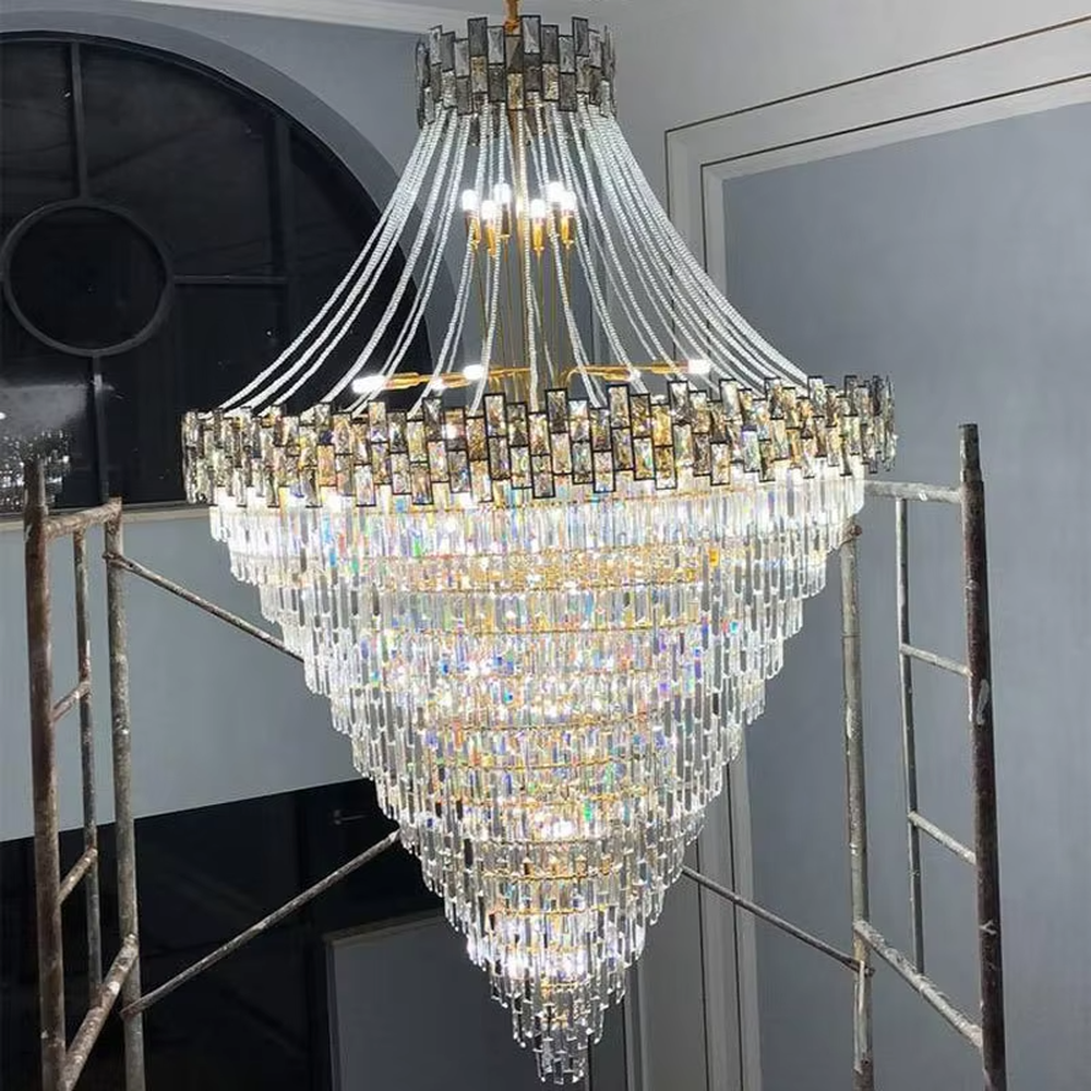 Top-tier luxurious golden frame multi-layer long crystal high-ceiling chandelier, brilliant warm light through crystals, suitable for large-scale high-ceiling spaces.