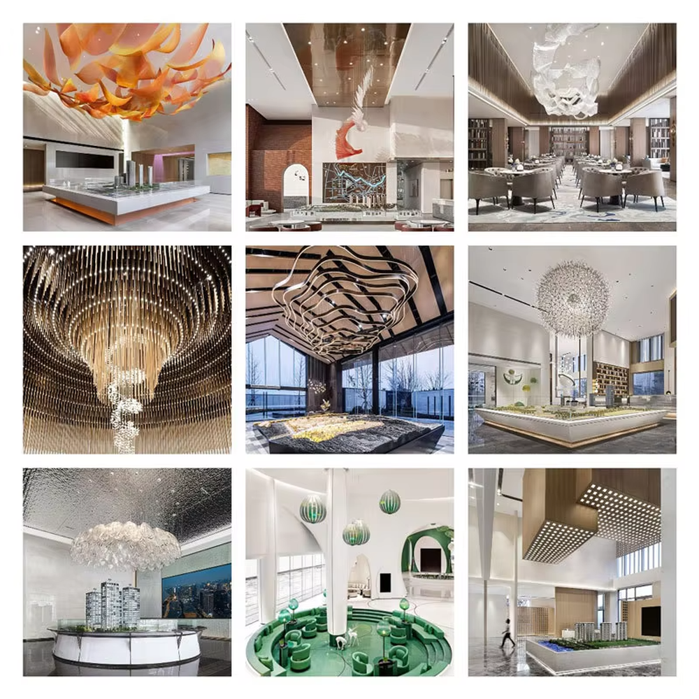 This large custom art glass chandelier features a streamlined nebula/wave shape woven from blue-white gradient transparent glass strips, suspended in a floating manner, serving both lighting and artistic decoration purposes, ideal for high-ceiling commercial spaces such as hotel lobbies, high-end bars, and sales offices, with free design and professional engineering customization available.
