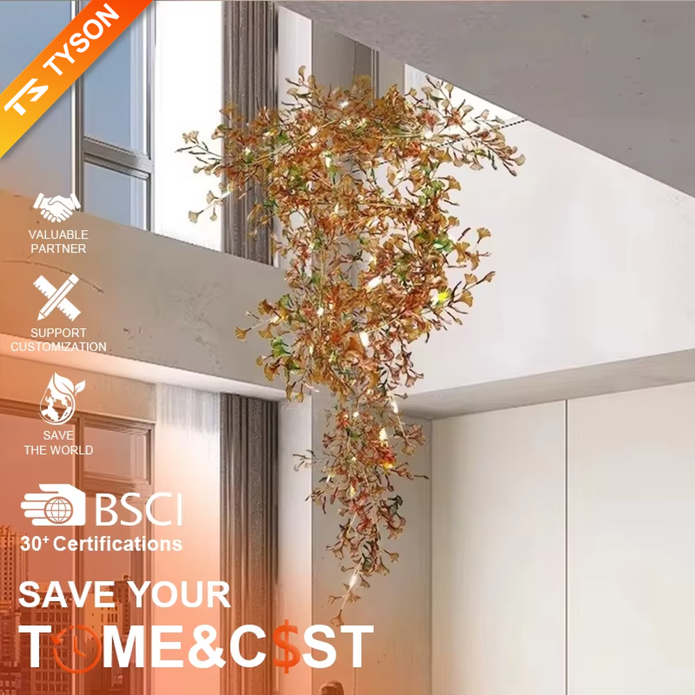 Art ginkgo leaf vine chandelier (simulated ginkgo leaves + built-in light source + drooping vine shape), warm light effect, creating a natural forest-style high-ceiling space atmosphere.
