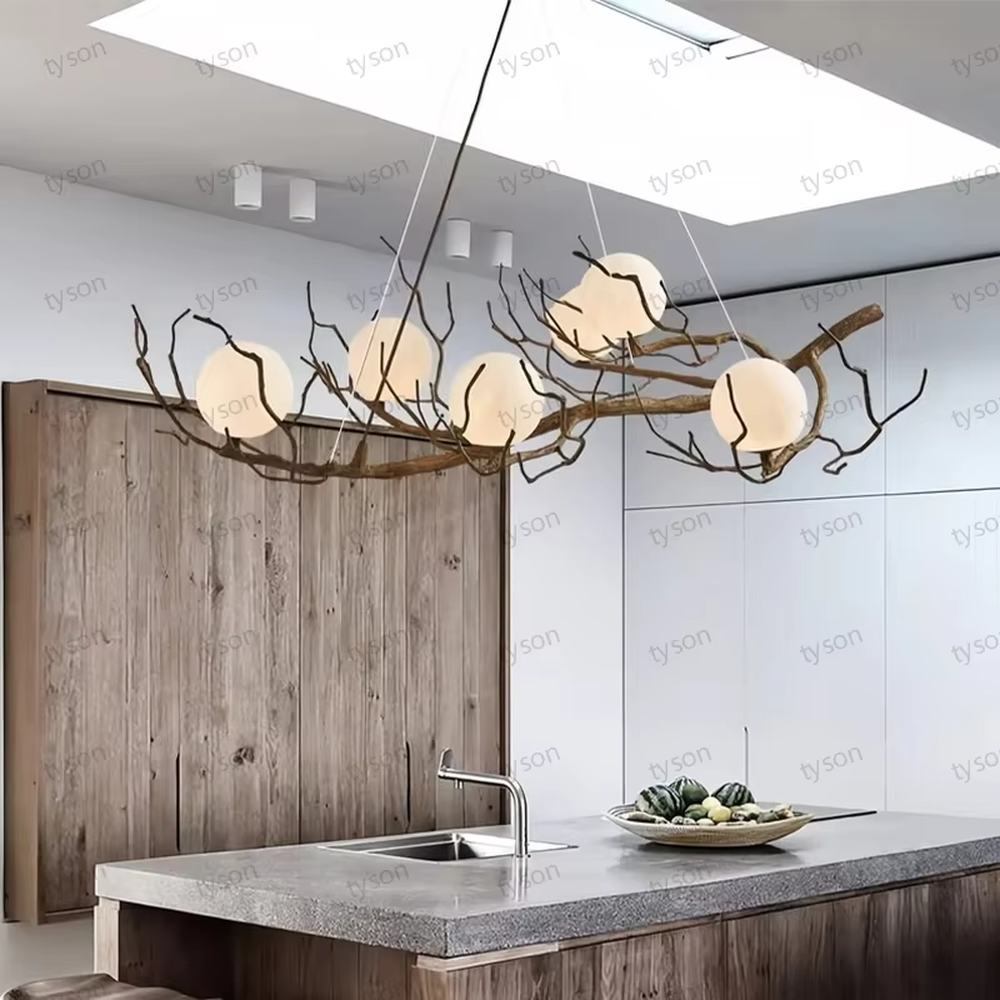 Natural dry branch glass ball chandelier (simulated dry branch frame + milk-white glass balls), warm light effect, creating a forest-style healing space atmosphere.