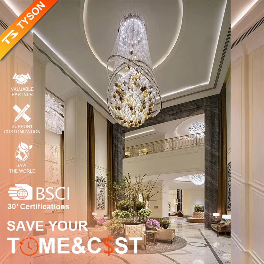 This large dome crystal chandelier features a multi-layered hanging teardrop design made of transparent and yellow-white gradient crystals, serving both lighting and artistic decoration purposes, with free design and professional engineering customization available, ideal for high-end high-ceiling spaces such as villa staircases, hotel lobbies, and sales offices.