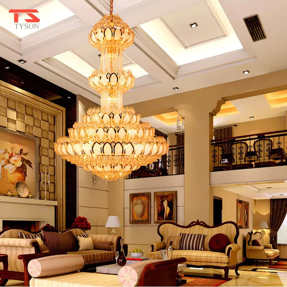 Southeast Asian religious-style multi-layer lotus-shaped golden crystal chandelier, layered lotus structure + full golden crystal material + warm light effect, creating a solemn and luxurious religious atmosphere.