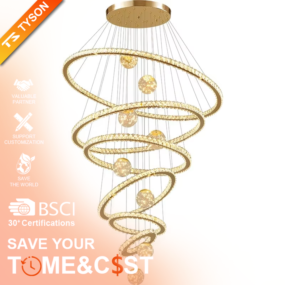 Modern top-luxury spiral ring crystal high-ceiling chandelier, golden frame + full crystal ring inlay + crystal light ball decoration + warm light effect, creating a luxurious artistic atmosphere in high-ceiling spaces.