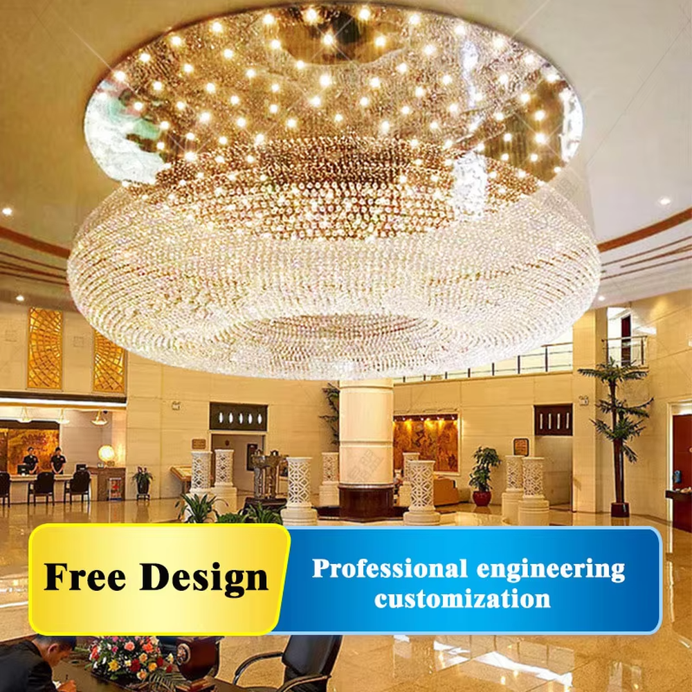 Luxury double-layer crystal ceiling chandelier (full-crystal ring + dot matrix light source), warm light effect, creating an extremely luxurious high-end space atmosphere.