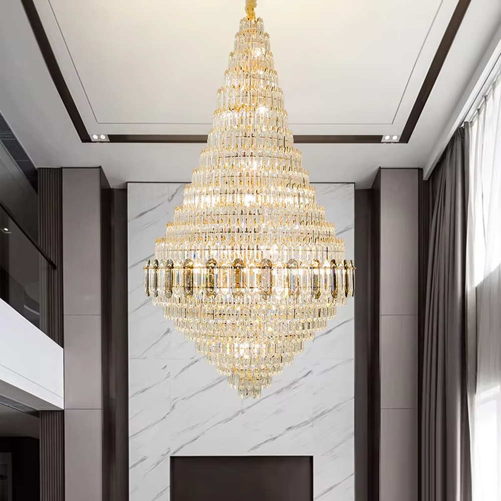 Modern top-luxury conical multi-layer golden frame long crystal high-ceiling chandelier, full of long crystals + warm light effect, creating a luxurious and grand atmosphere in high-ceiling spaces.
