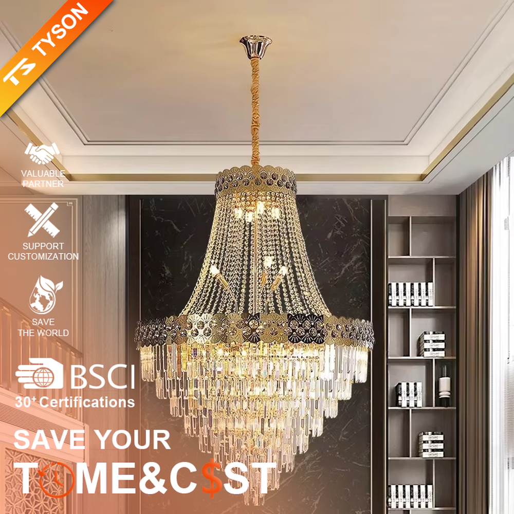 Luxurious black-gold decorative crystal chandelier, golden frame paired with transparent crystals and black-gold patterned decorative pieces, brilliant and gorgeous lighting, creating a high-end luxurious atmosphere.