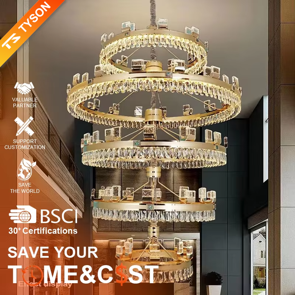 Top-luxury modern multi-layer ring crystal chandelier, golden frame + full crystal inlay + square decorations, brilliant warm light creates luxurious atmosphere in high-ceiling spaces.