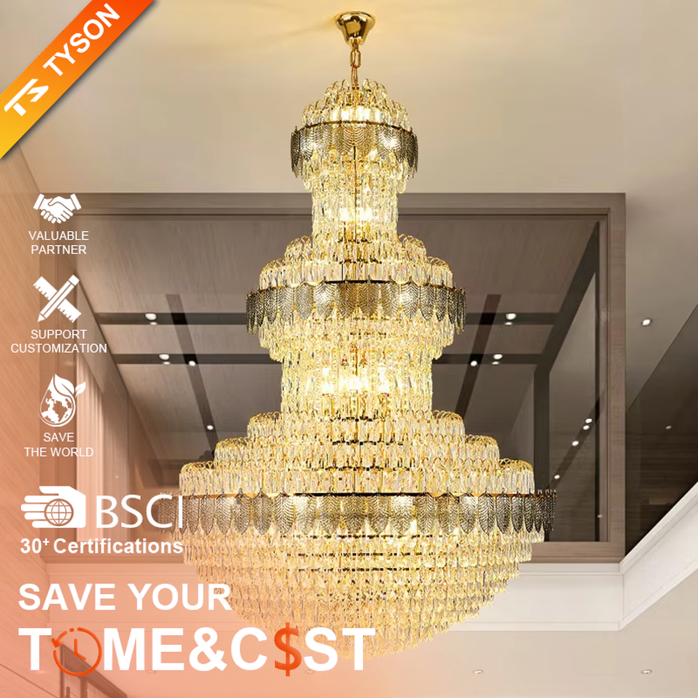 Luxurious multi-layer tower-shaped gold leaf decorative crystal chandelier, golden frame paired with leaf decorations and dense crystal pendants, brilliant and gorgeous lighting, creating a high-end luxurious atmosphere.