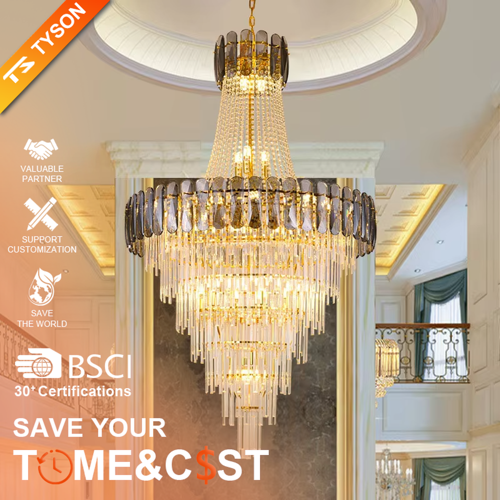 European-style top-luxury golden frame multi-layer long crystal high-ceiling chandelier, warm light effect, creating a gorgeous and solemn top-luxury space atmosphere.