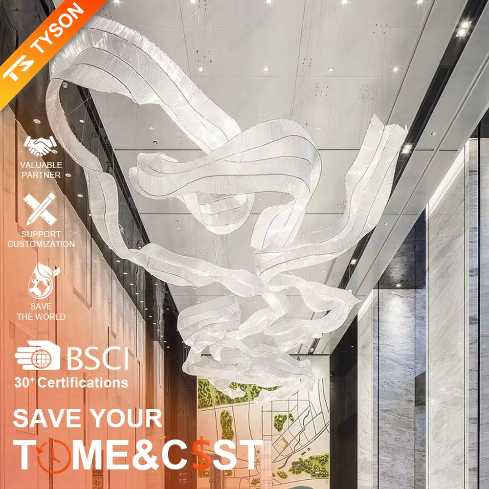 This large-scale art ribbon chandelier is made of semi-translucent material with pink-purple-blue-green gradients, featuring a flowing, pendant ribbon shape. It serves both lighting and artistic installation purposes, ideal for high-ceiling commercial spaces such as shopping mall atriums, hotel lobbies, and art galleries.