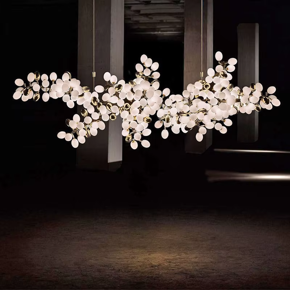 Art nebula glass ball chandelier (gold branch frame + milk-white glass balls), warm light effect, creating a dreamy and high-end space atmosphere.