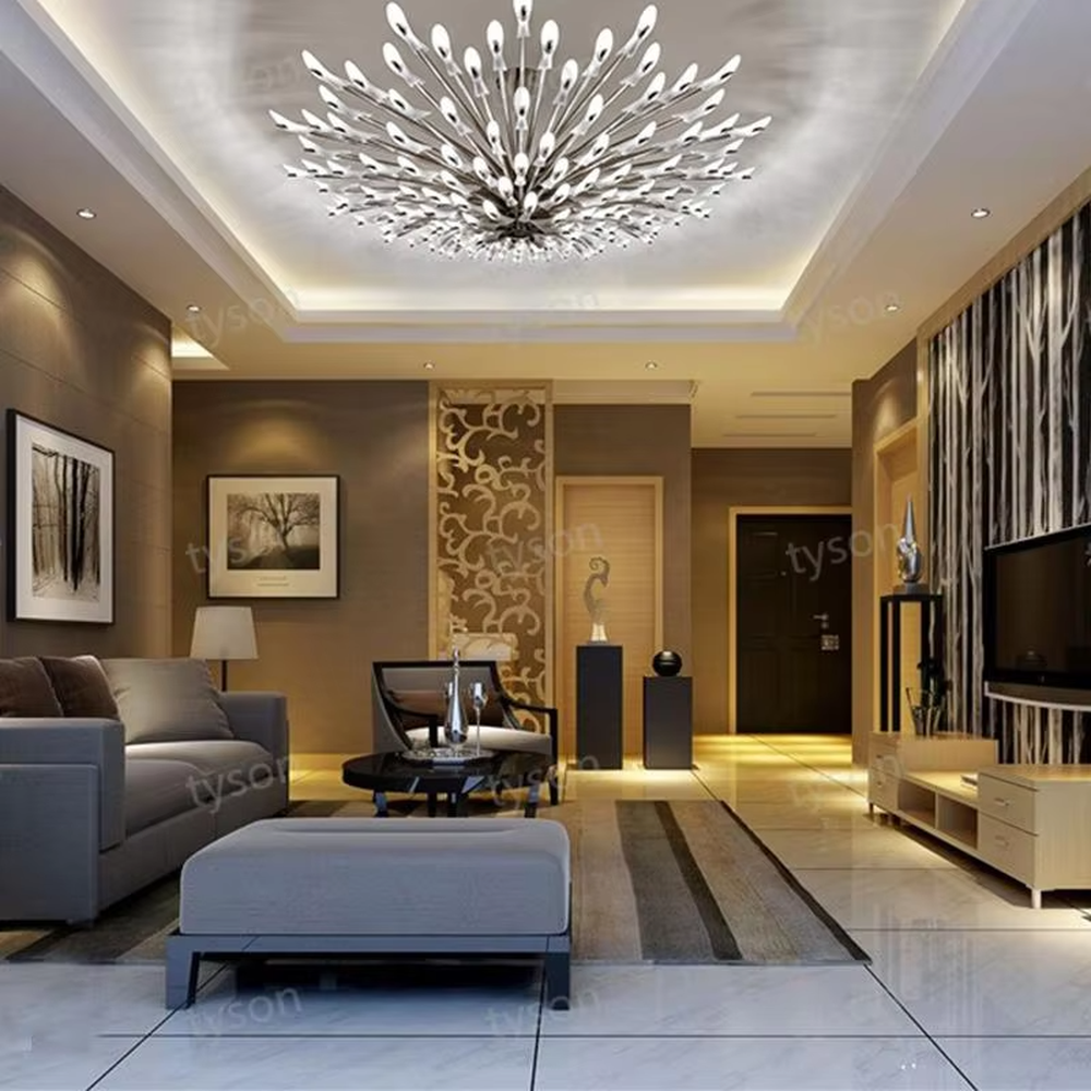 Art firework crystal ceiling chandelier (radial crystal lamp arms + starry sky shape), warm light effect, creating a bright and high-end home atmosphere.
