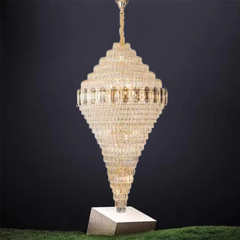 Modern top-luxury conical multi-layer golden frame long crystal high-ceiling chandelier, full of long crystals + warm light effect, creating a luxurious and grand atmosphere in high-ceiling spaces.