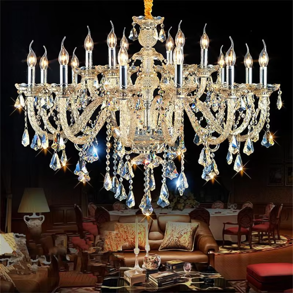 Vintage European gold-frame crystal chandelier, cream-white curved arms + teardrop transparent crystals + candlestick-shaped bulbs, brilliant and gorgeous lighting, creating a vintage noble luxurious atmosphere.