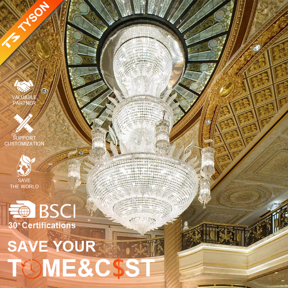 Palace-level multi-layer crystal chandelier (full-cut crystals + tiered shape), warm light effect, creating an extremely luxurious high-end space atmosphere.