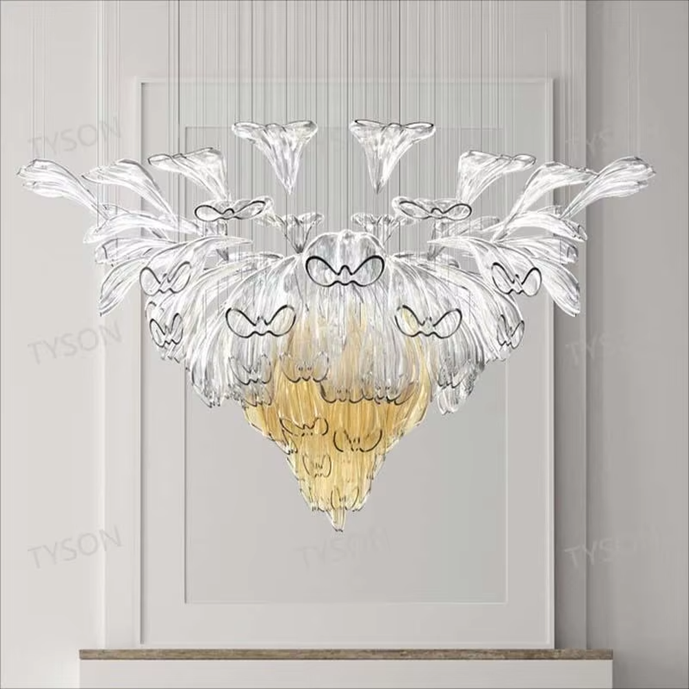 Art calla lily crystal chandelier (transparent + gradient yellow crystal calla lily shape), warm light effect, creating an elegant and dreamy high-end space atmosphere.