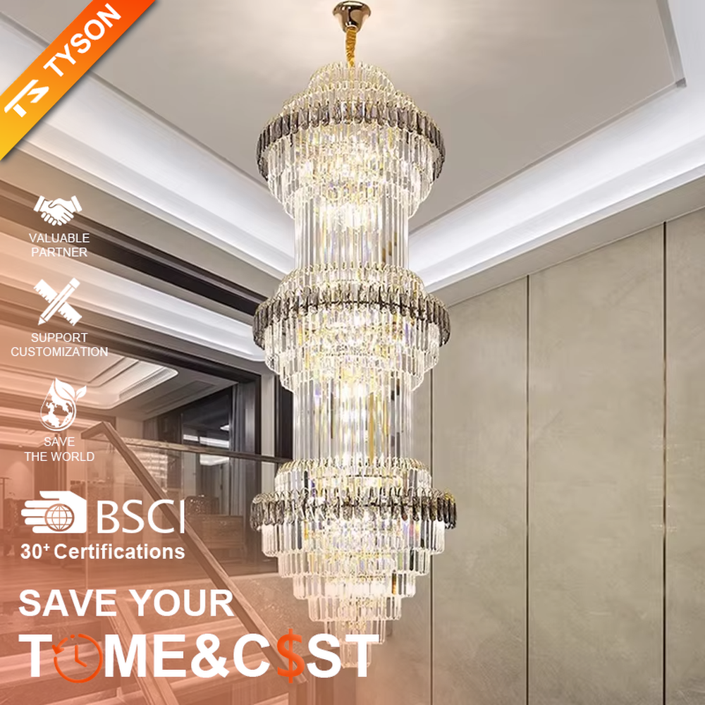 Modern top-luxury multi-layer crystal tower-shaped high-ceiling chandelier (gold-gray frame + long crystals), warm light effect, creating a luxurious and grand space atmosphere.