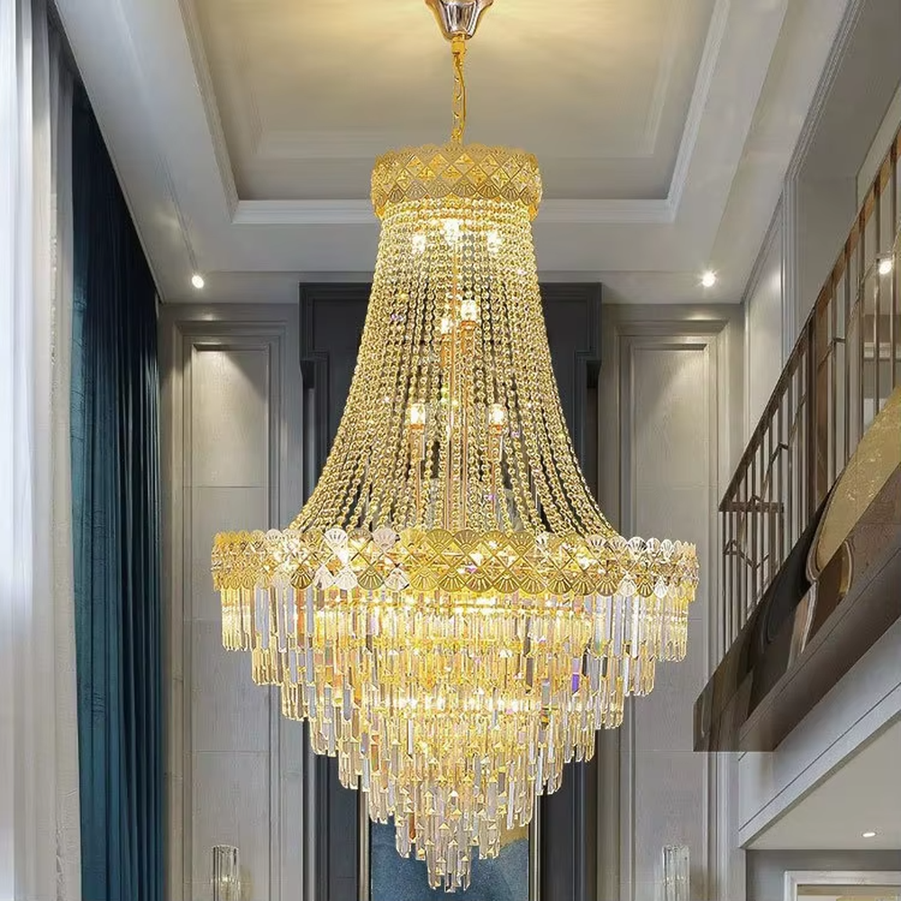 European-style top-luxury full golden frame crystal multi-layer tower chandelier, warm light effect, creating a gorgeous and solemn luxurious atmosphere.