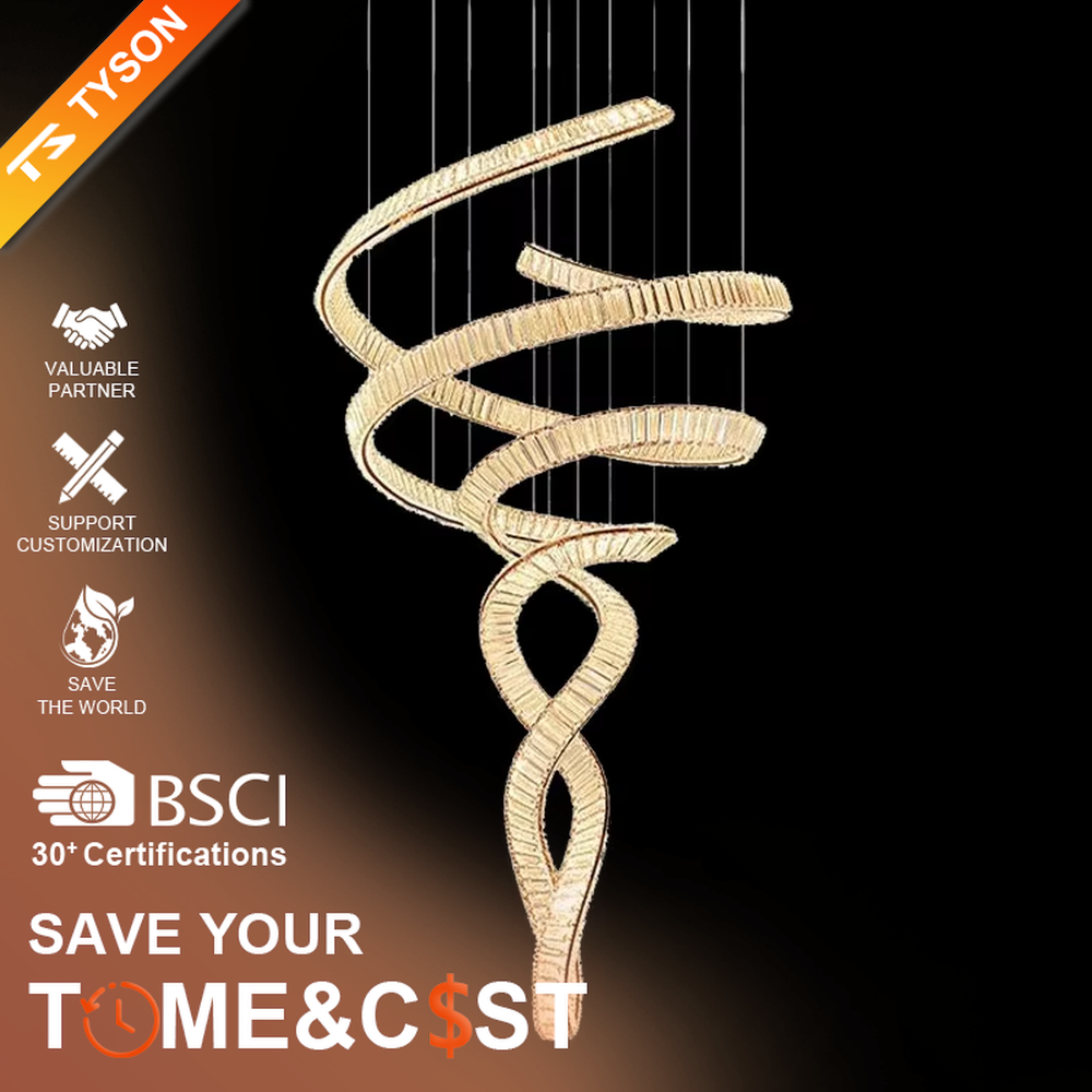 Modern art light luxury spiral curve golden crystal high-ceiling chandelier, textured crystal material + flexible curve design + warm light effect, creating a luxurious artistic atmosphere.