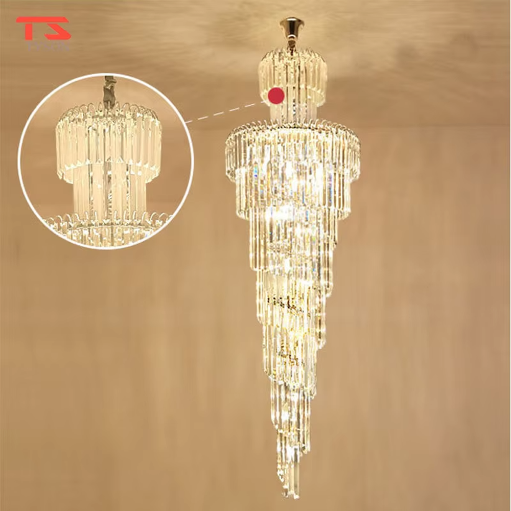Top-tier luxurious multi-layer crystal column high-ceiling chandelier, stacked transparent long crystal columns + brilliant refraction light effect, creating a noble luxurious high-ceiling space atmosphere.