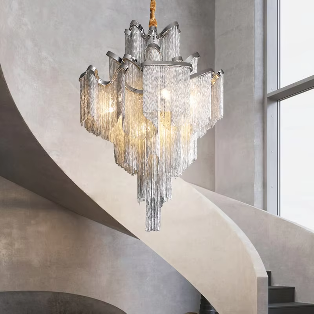 Luxury multi-layer tassel crystal chandelier (gradient crystal tassels + metal frame), warm light effect, creating a magnificent and luxurious high-ceiling space atmosphere.