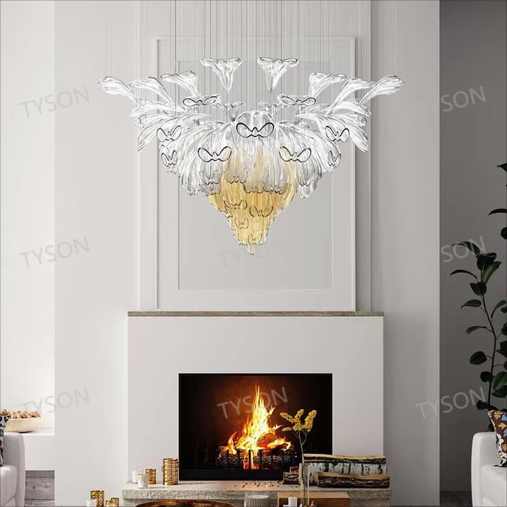 Art calla lily crystal chandelier (transparent + gradient yellow crystal calla lily shape), warm light effect, creating an elegant and dreamy high-end space atmosphere.