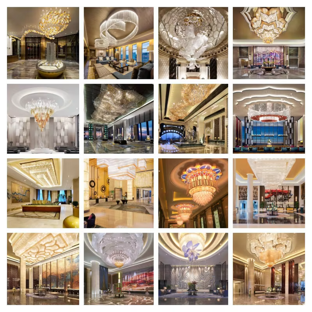 This large custom art glass chandelier features a streamlined nebula/wave shape woven from blue-white gradient transparent glass strips, suspended in a floating manner, serving both lighting and artistic decoration purposes, ideal for high-ceiling commercial spaces such as hotel lobbies, high-end bars, and sales offices, with free design and professional engineering customization available.
