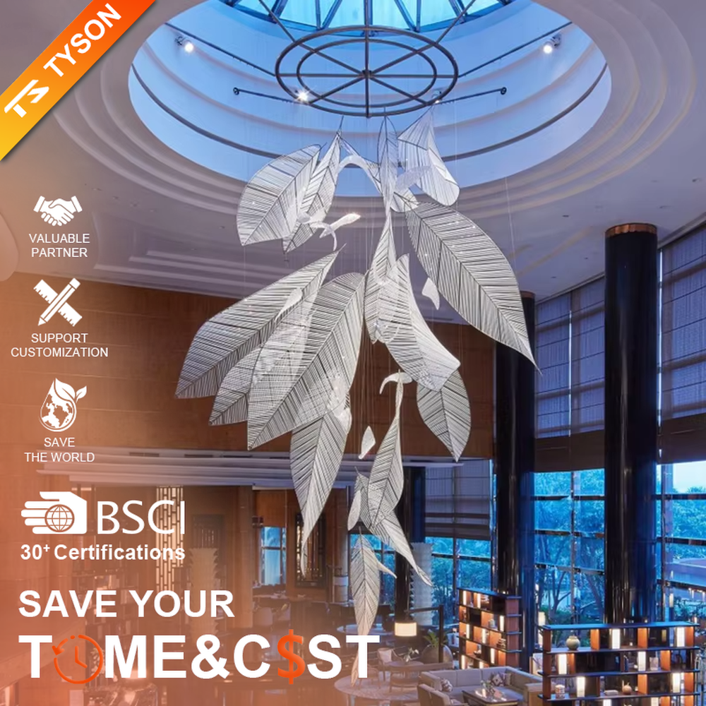 Inspired by "natural leaf veins", this chandelier features layered leaf structures made of translucent acrylic/crystal material, with delicate textures like real veins. The pendant layout mimics the natural drooping form of leaves, and light refracts soft and warm light and shadow through the material. It is both a space lighting tool and a visually striking art installation, infusing high-end venues with a natural and elegant artistic style.