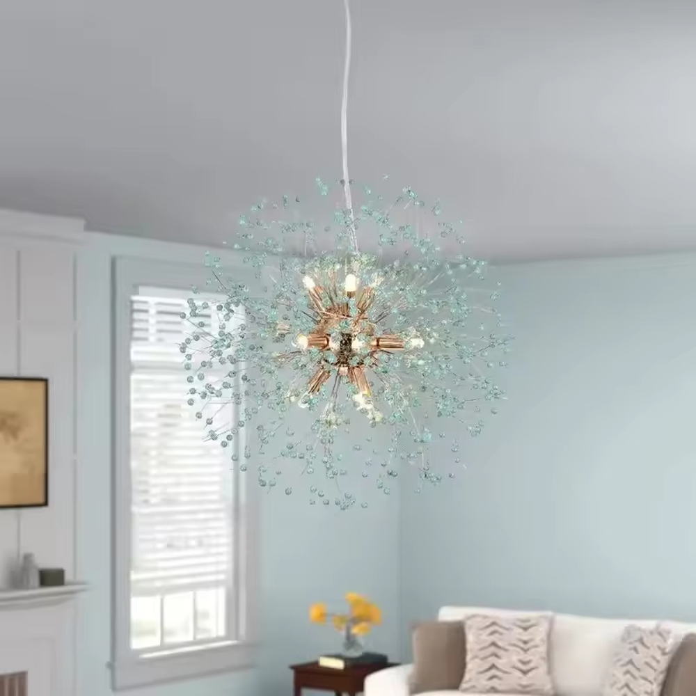 This modern light luxury dandelion-shaped chandelier features a gold metal core frame, paired with blue-green gradient crystal/acrylic decorations, in a radial blooming shape. It serves both lighting and decorative purposes, ideal for living rooms, entryways, light luxury commercial spaces and other scenarios.