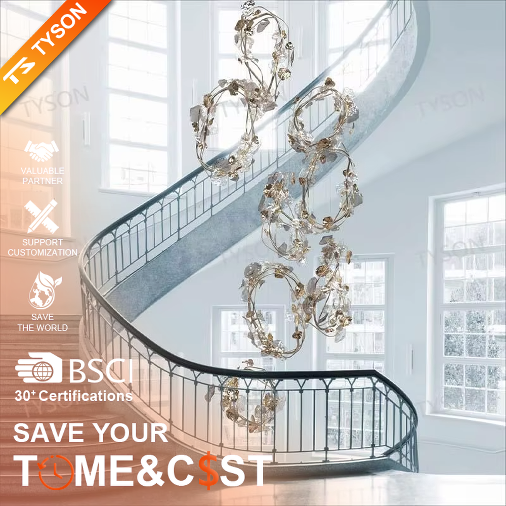 This artistic vine-shaped chandelier features a gold metal frame paired with transparent crystal/glass leaves, presenting natural and vivid irregular lines. It serves both lighting and decorative purposes, ideal for high-ceiling living rooms, high-end clubs, art galleries and other spaces.