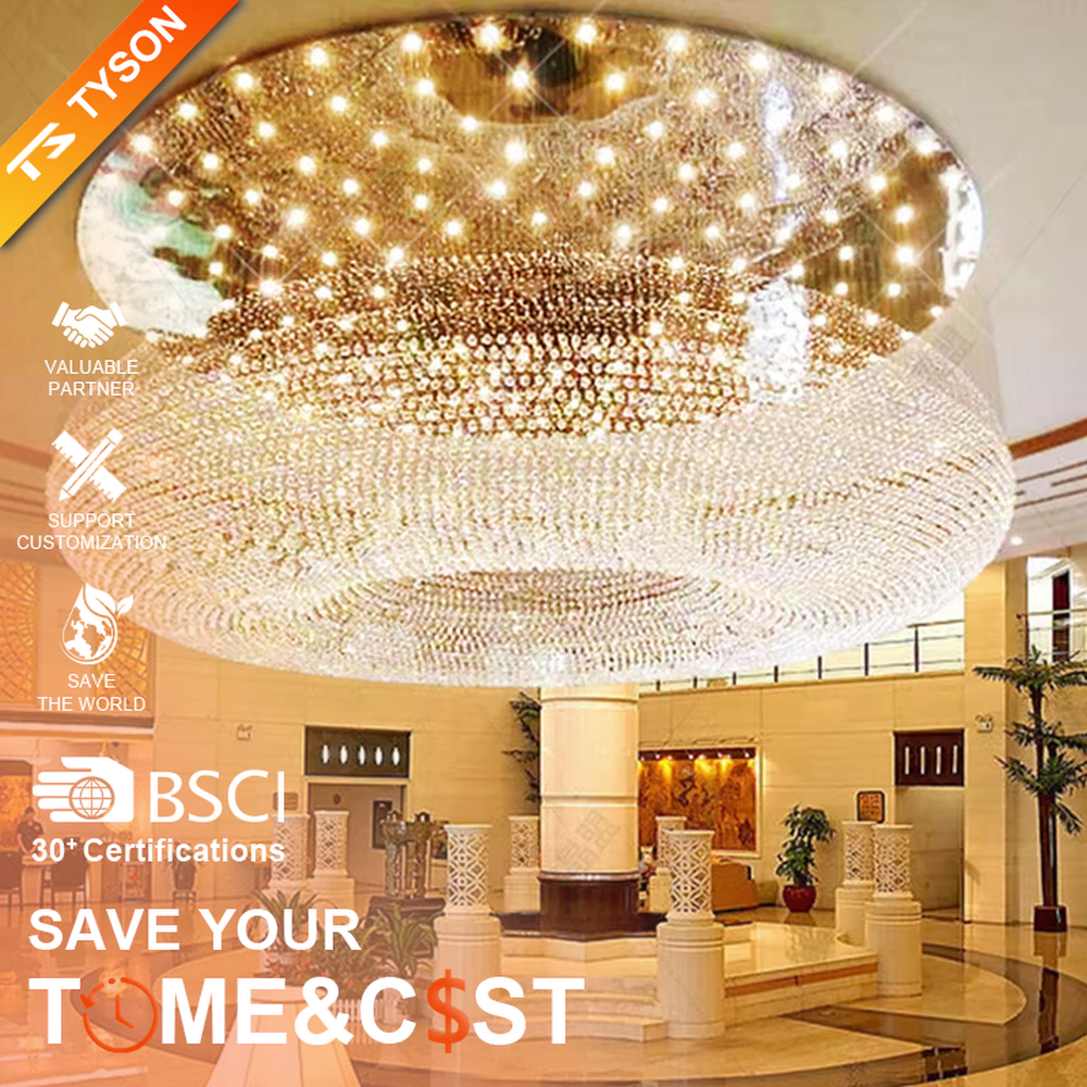 Luxury double-layer crystal ceiling chandelier (full-crystal ring + dot matrix light source), warm light effect, creating an extremely luxurious high-end space atmosphere.