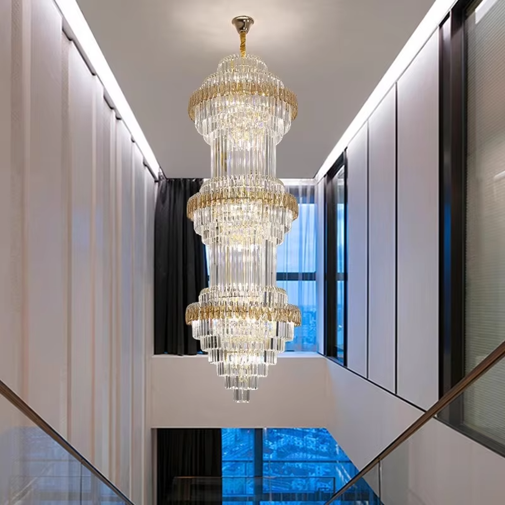 Modern top-luxury multi-layer golden frame crystal high-ceiling chandelier (with black-gray decorative strips), transparent long crystals + golden frame + warm light effect, creating a luxurious and grand atmosphere in high-ceiling spaces.