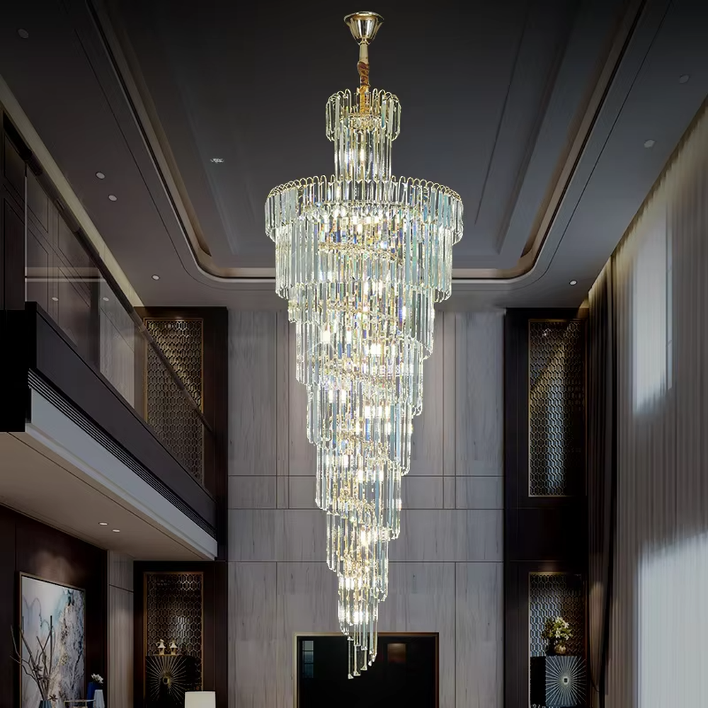 European palace-style multi-layer golden frame long crystal high-ceiling chandelier, warm light effect, creating a luxurious noble space atmosphere.
