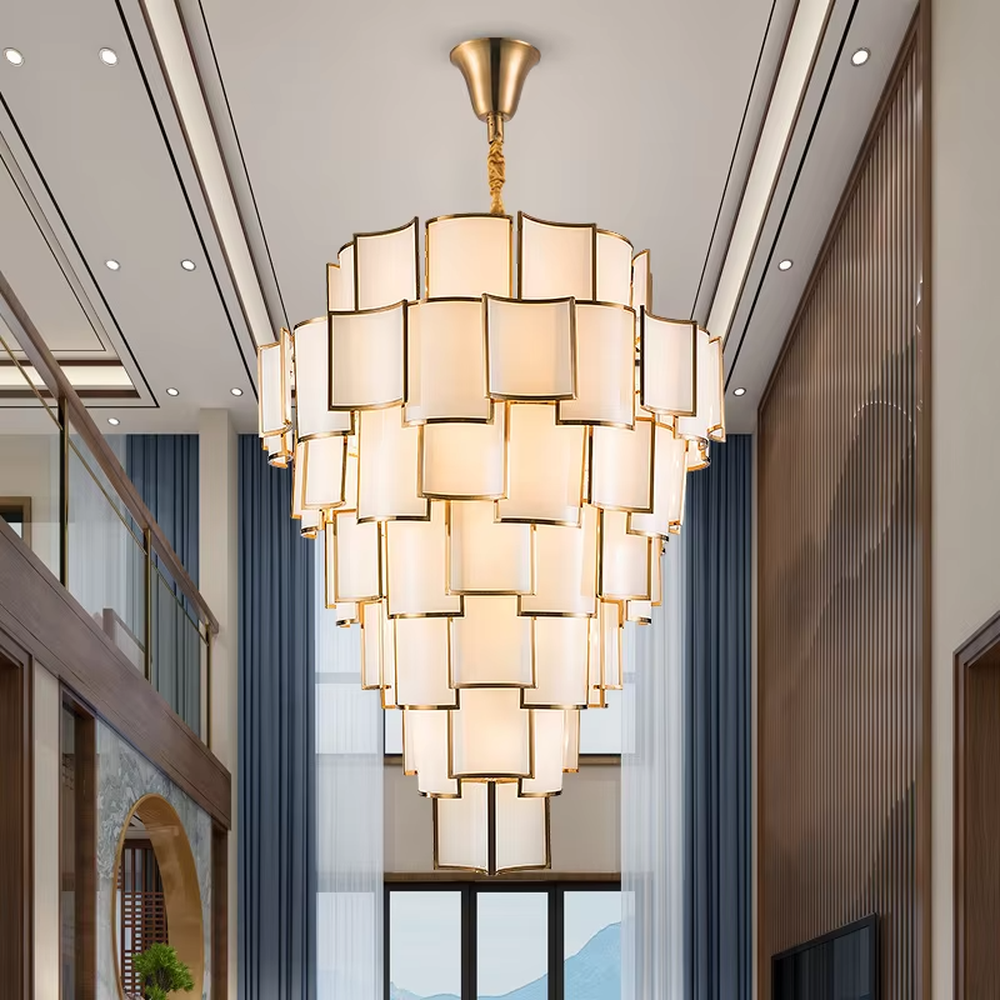 This new Chinese style light luxury large chandelier features a gold metal frame, paired with multi-layer off-white fabric lampshades, in a stacked cone shape. It serves both lighting and decorative purposes, ideal for high-end high-ceiling spaces such as villa high-ceiling living rooms, hotel lobbies, and sales offices.