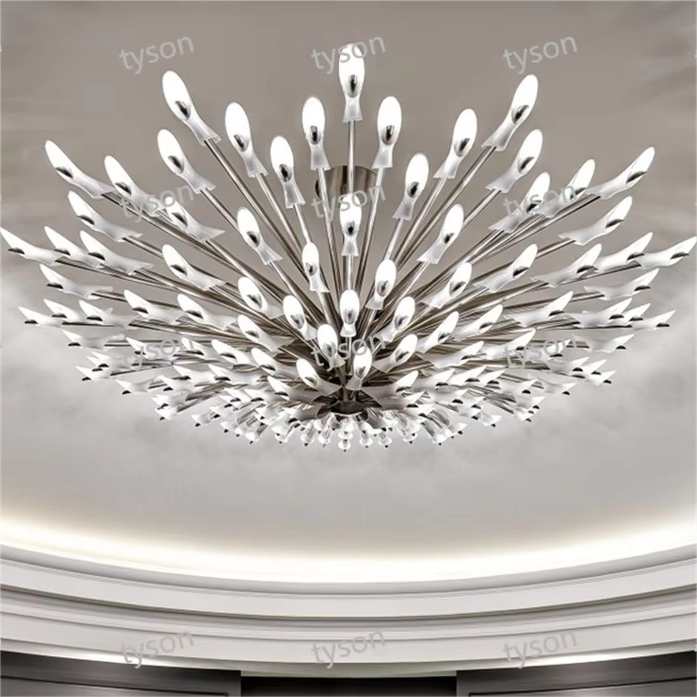 Art firework crystal ceiling chandelier (radial crystal lamp arms + starry sky shape), warm light effect, creating a bright and high-end home atmosphere.