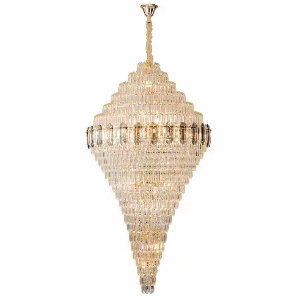 Modern top-luxury conical multi-layer golden frame long crystal high-ceiling chandelier, full of long crystals + warm light effect, creating a luxurious and grand atmosphere in high-ceiling spaces.