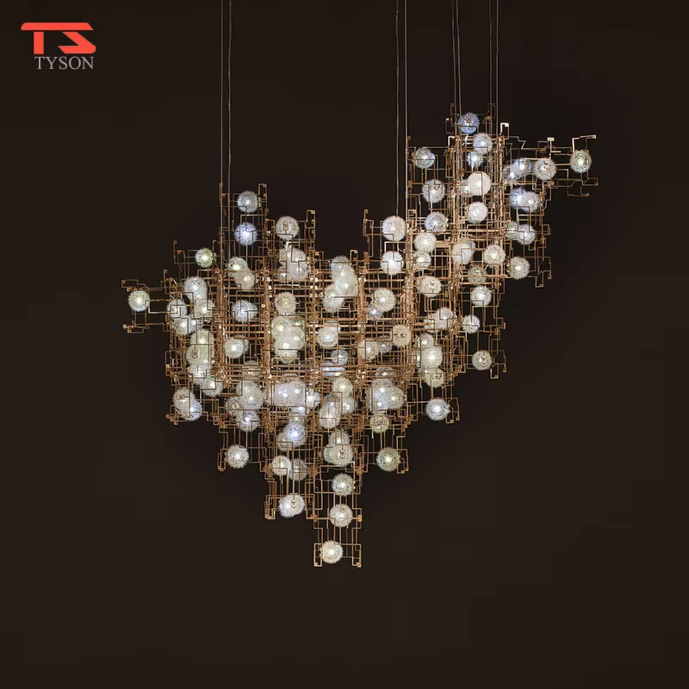 This art chandelier features a gold metal grid frame with embedded luminous light-transmitting balls to create an irregular nebula shape, serving both lighting and artistic decoration purposes, ideal for commercial spaces such as sales offices, art exhibition halls, and high-end clubs.